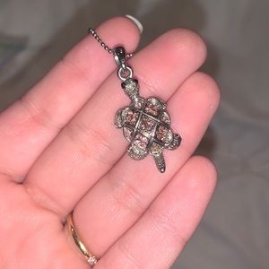 Silver Turtle Pendant Necklace with Pink Rhinestones